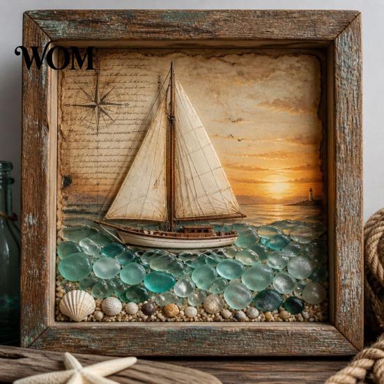 Decorative Picture Frame Sea Glass Art Painting with LED Light, DIY Mosaic Arts and Craft Kit, Light Ocean Themed Beach Kit for Home Office Bookshelf