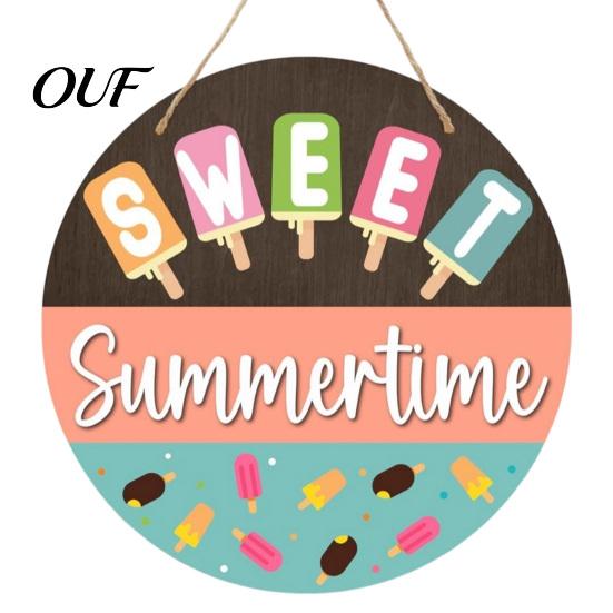Summer Beach Welcome Sign Hello Door Sign, Ice Pop Flip Flop Hanger, Vacation Wall Art Farmhouse Hanging Wooden Wreath for Front Home Porch