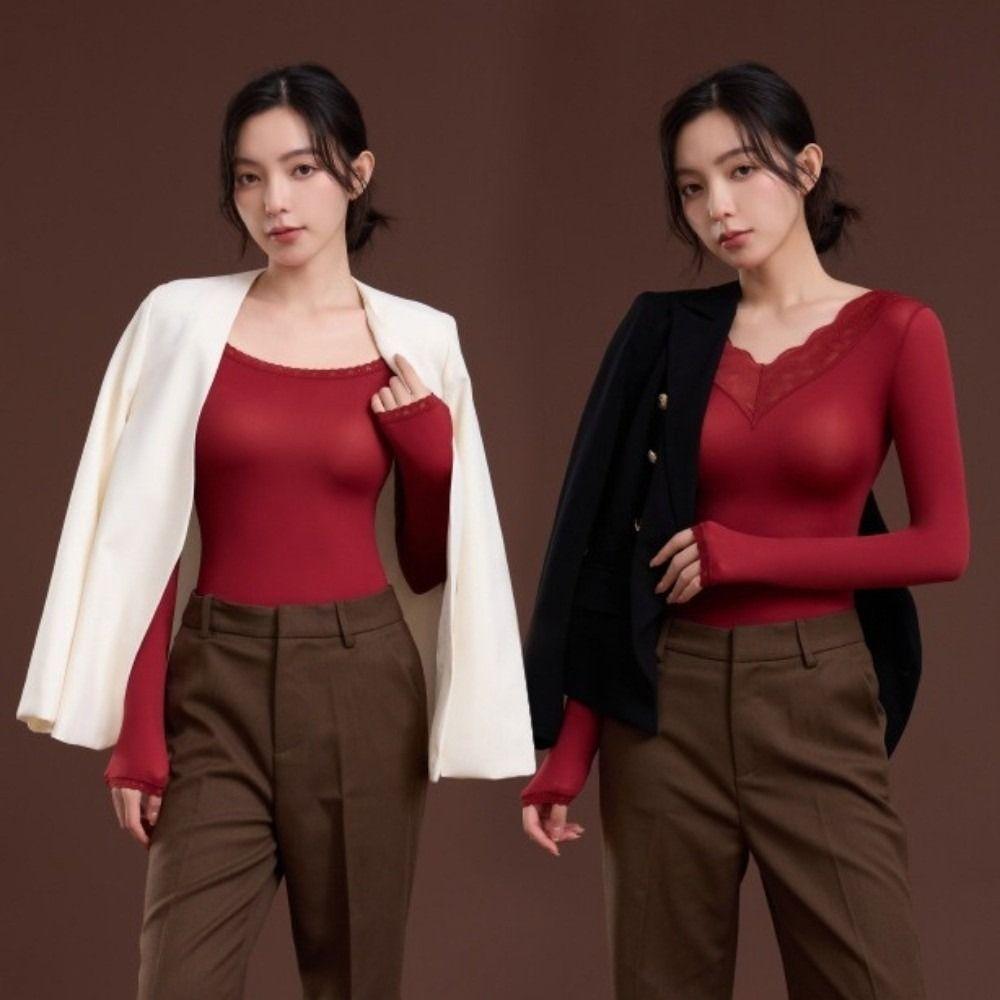 Lace V Neck Women Thermal Clothes Ultra-thin Invisible Warmth Long Pants Autumn Winter Warmth