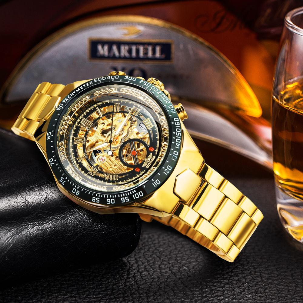 WINNER Luxury Gold Skeleton Automatic Mechanical Watch for Men Luminous Hands Stainless Steel Strap Classic Business Watches