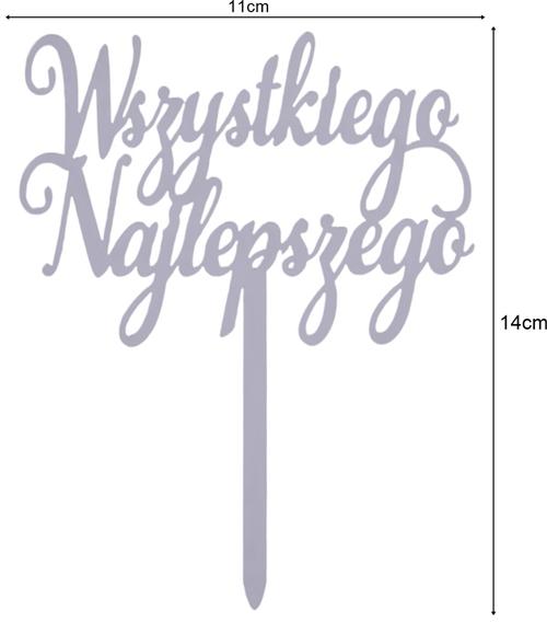 Topper Na Tort Wszystkiego Najlepszego Akrylowy Srebrny