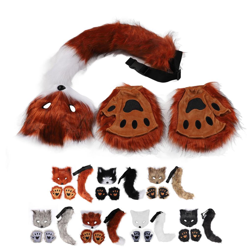 Лисий чехол для лица перчатки хвосты комплект пушистый плюш искусственный мех мягкий приятный для кожи костюм аксессуары животное 