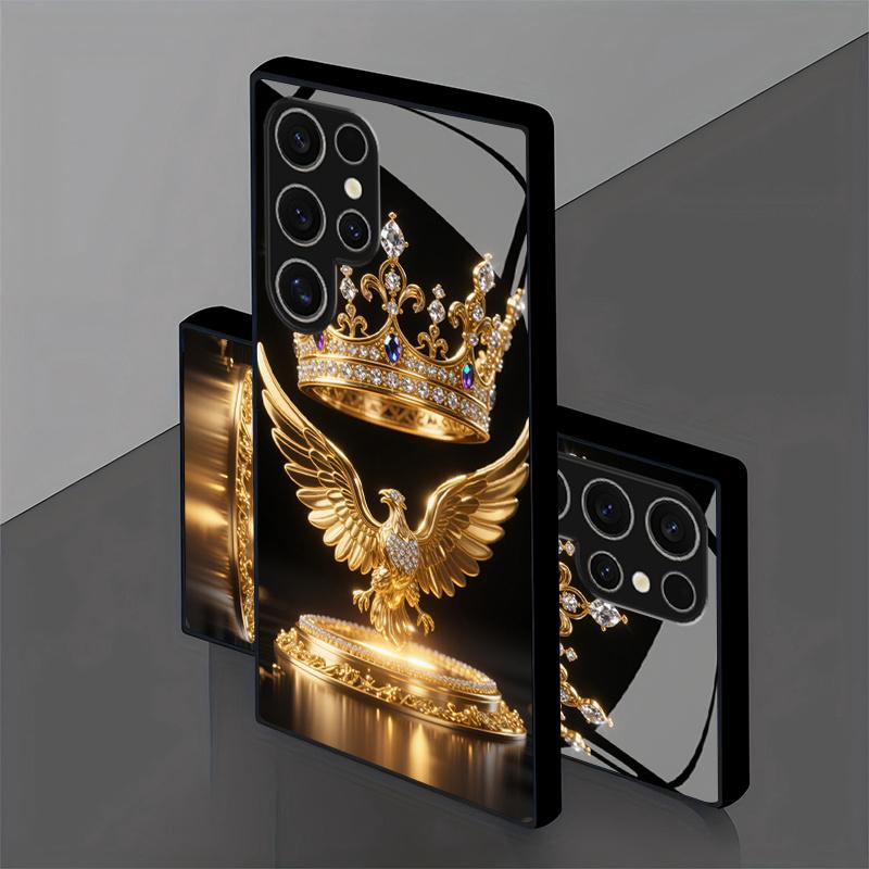 Стеклянный чехол для телефона Samsung Galaxy S26 S25 S24 S23 S22FE Ultra Plus с инкрустацией бриллиантами, короной и позолоченным орлом, противоударный чехол