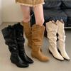 2025 New Retro Wind Pleated Pointed Pile Boots Thick Heel High Boots Personalized Knight Western Cowboy Boots Women
