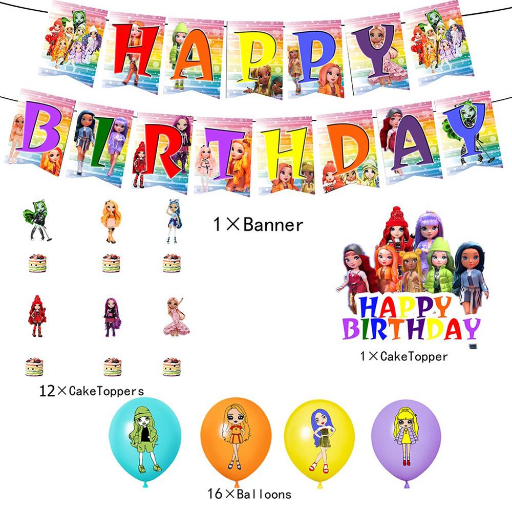Новый набор из 30 предметов для вечеринки Rainbow-High включает баннер, топперы для торта, воздушные шары
