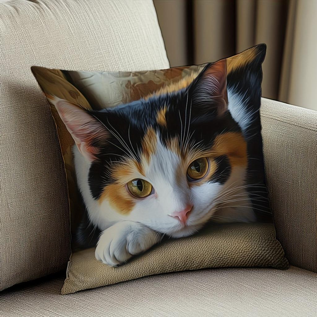 Contemplative Calico Cat Decorative Pillow Cover 18x18 Inch - Contemporary Home Decor with Zipper Closure, Cat Pillow Covers