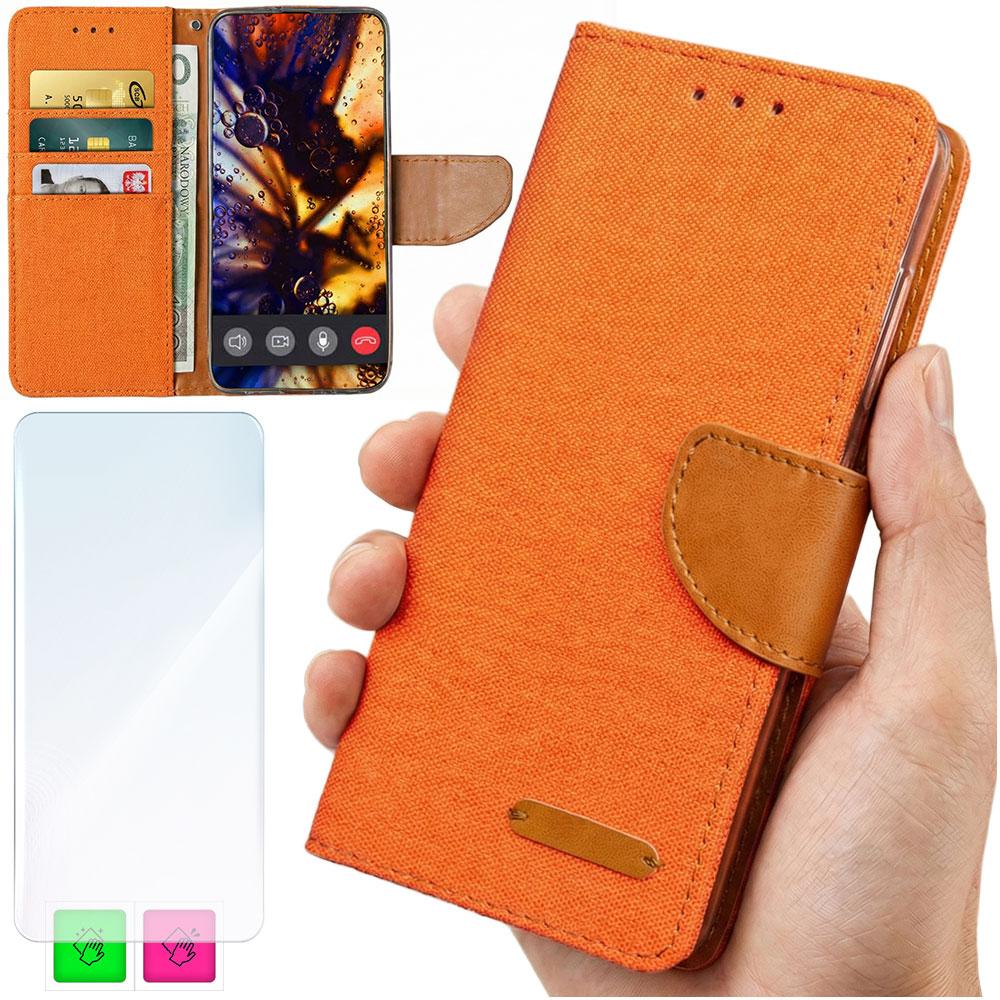 Etui Typu Portfel Do Motorola Moto G56 - Pomarańczowy Pokrowiec Canvas + Szkło