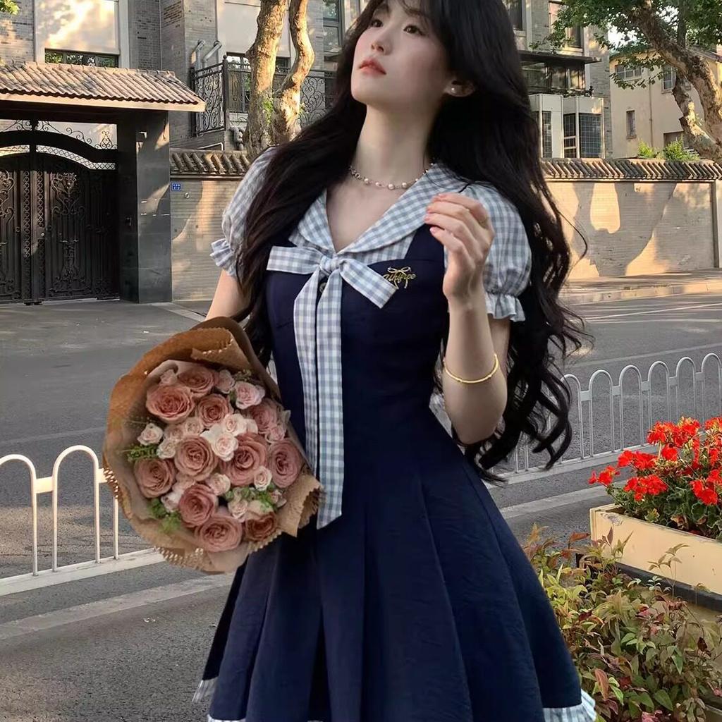 Summer new academic style fashion age reduction design bow fake two-piece dress female student A-shaped dress
