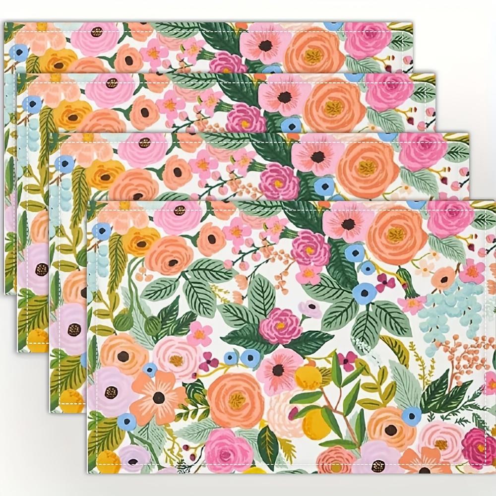 4/6pcs Linen Placemats Set 12x18 Inches - Single-Sided Floral Garden Print, Suitable for Home Kitchen Table Decor, Family Gathering Dinner Table
