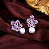 Zircons Exquisite Rose Red Cubic Zirconia Lovely Flower Dangle Drop Pearl Earrings for Women Chic Wedding Party Jewelry E1157