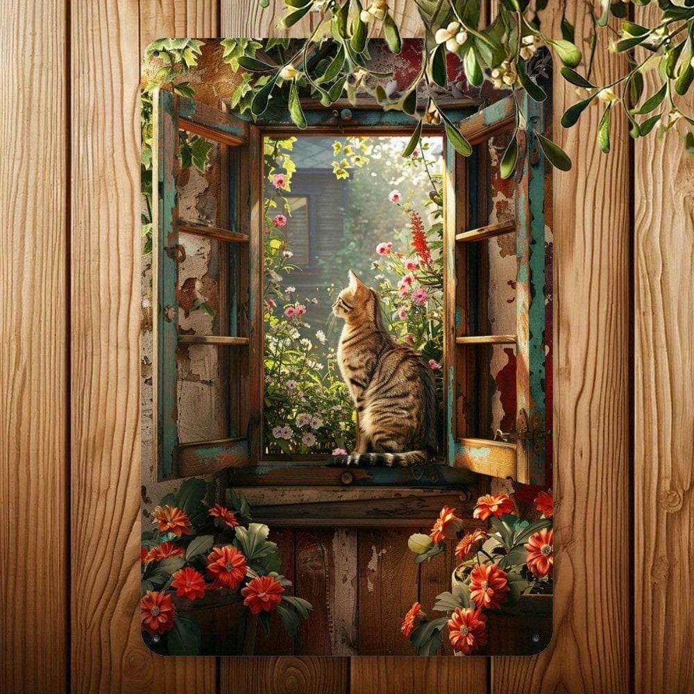 Tin Wall Art Vintage Cat On Window Sill Metal Sign 8x12 Inch Home Decor for Living Room Bedroom Bar