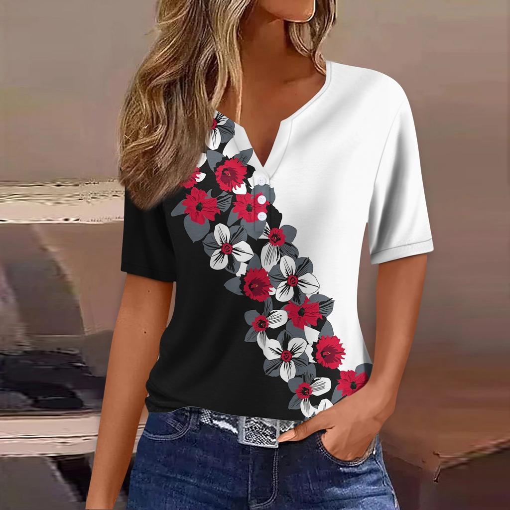 Women's T Shirt Tee Print Button Short Sleeve Daily Weekend Fashion Basic V- Neck Regular Top