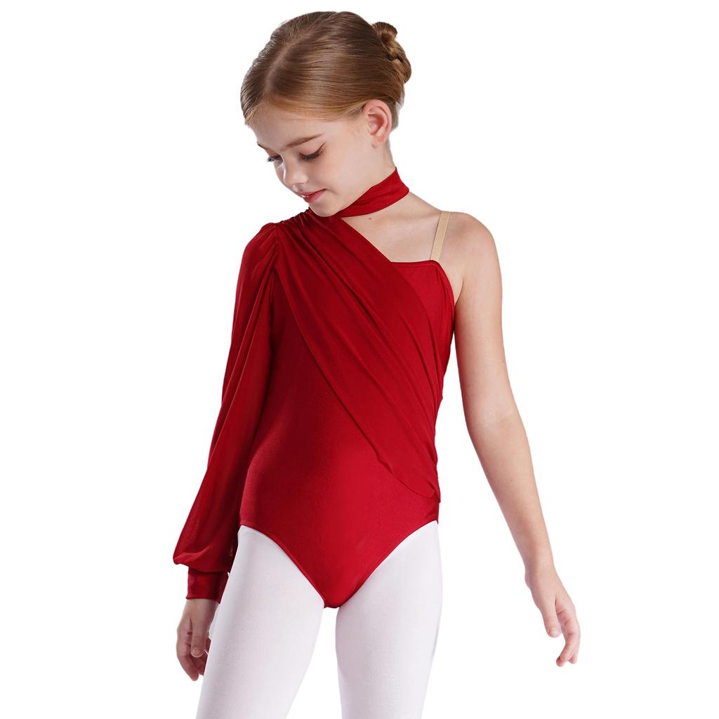 Girls One Shoulder Dance Leotard Stage Performance Costume Mock Neck Long Sleeve Ruched Mesh Overlay Bodysuit for Kids Gymnastics
