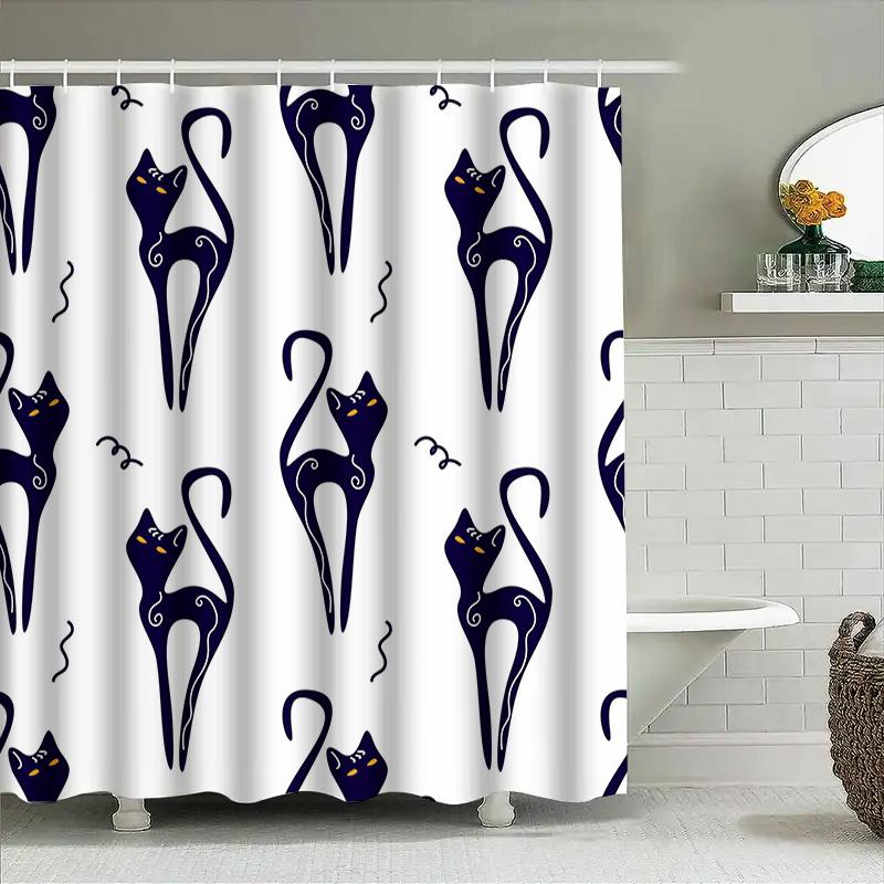 Blue White Cat Print Shower Curtain Modern Bathroom Decor for Cats Lovers