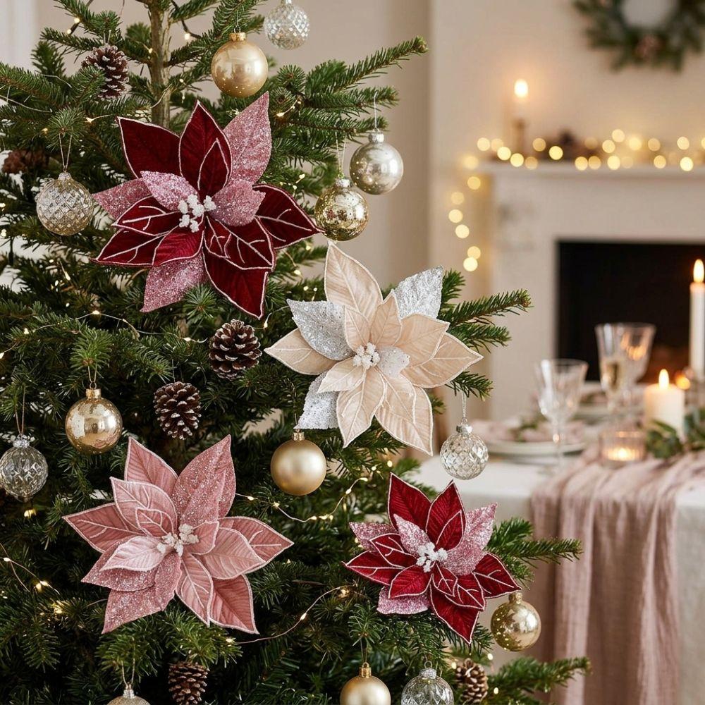 Glitter Powder Sequin Velvet Christmas Flower Colorful Fake Flower Ornament New Year Gift