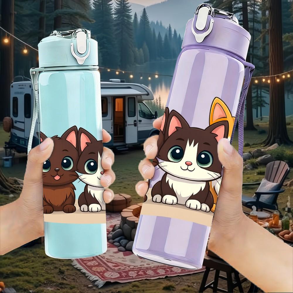 1PC Two Cute Kittens Cartoon 750ml Color Plastic Sports Water Bottle Leakproof Flip Straw Lid Suitable for Sports Office Home Use