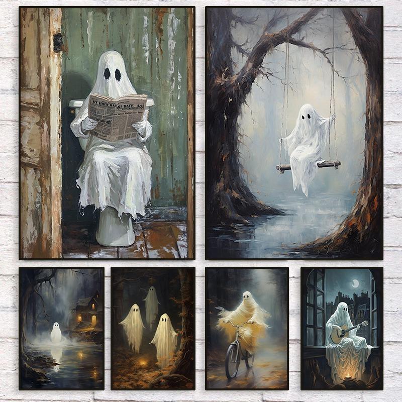 Призрак на унитазе, читающий газету, Постер, Мрачная викторианская картина на холсте, Веселое жуткое настенное искусство, Декор для комнаты, дома, стены