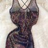 Sequins Erotic Camisole One Piece Dress Women Off Shoulder Short Split Skinny Party Dresses Female Fashion Cross Backless Club Sexy Dress 2024