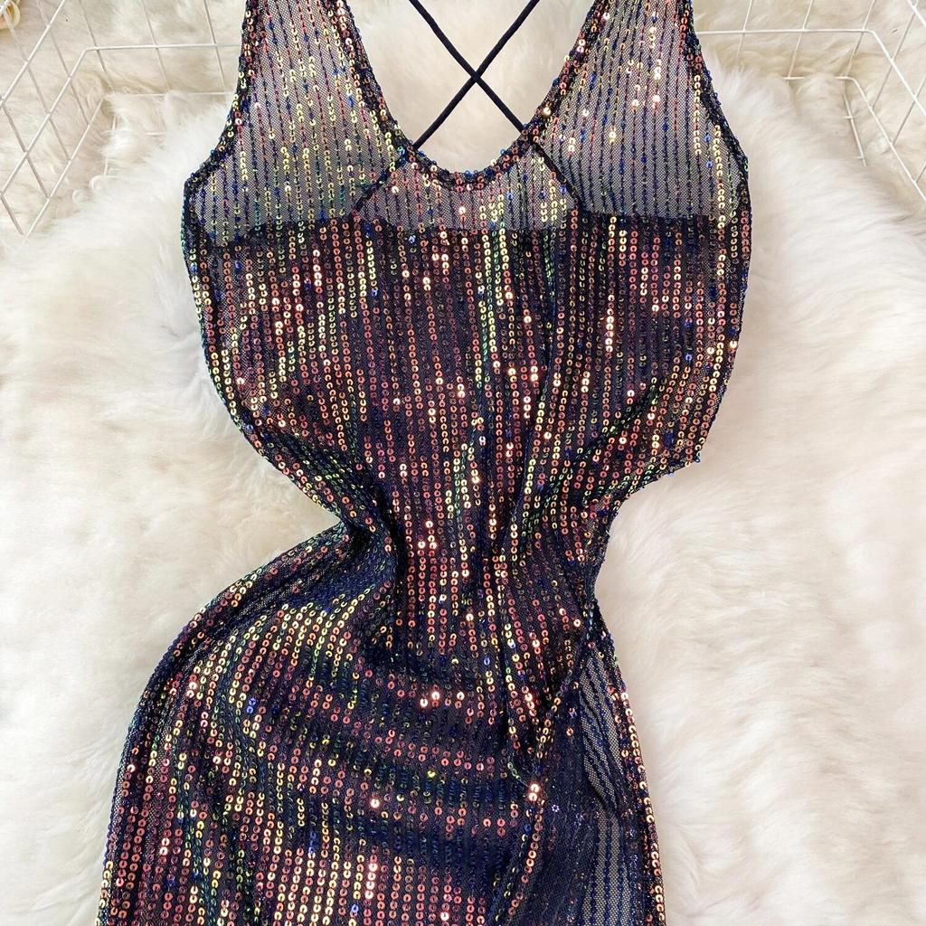 Sequins Erotic Camisole One Piece Dress Women Off Shoulder Short Split Skinny Party Dresses Female Fashion Cross Backless Club Sexy Dress 2024