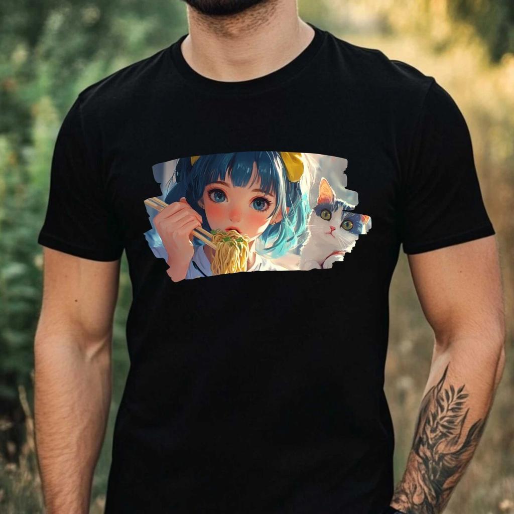 T-Shirt Herren Anime Girl mit Katze Motiv Baumwolle Größe XS bis 5XL