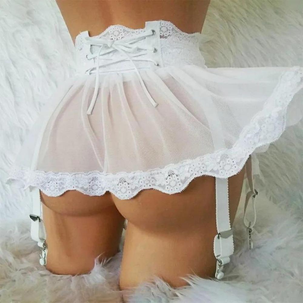 Women's Sexy Lingerie Plus Size Lace Garter Strap Transparent Lingerie Adjustable Double Breasted Belt Stockings Panties