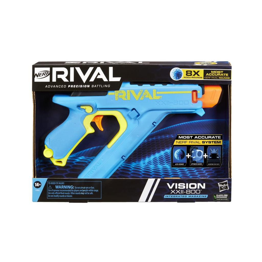 Бластер NERF Rival Vision XXII-800, самая точная система Rival, с регулируемыми прицельными приспособлениями и интегрированным магазином на 8 точных патронов Rival