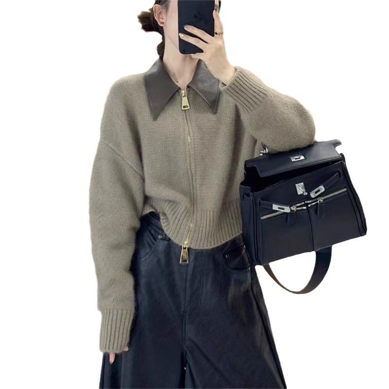 Autumn and Winter Women's Sweater Leather Collar POLO Collar Splicing Knit Cardigan Zipper Lazy Wind Jacket