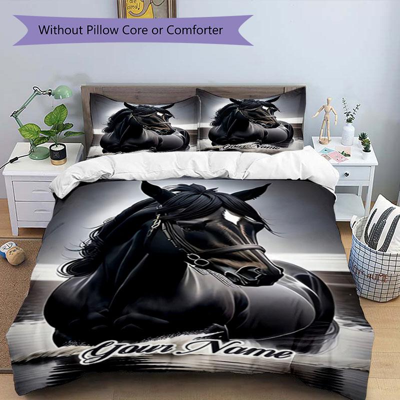 3PC Custom Name Elegant Black Horse Portrait Bedding Set Printed Bedding Set Duvet Cover Closure Includes 1 Duvet Cover & 2 Pillowcases for All Season