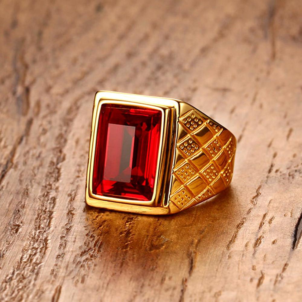 Большие квадратные рубиново-красные драгоценные камни кольца для мужчин золотого цвета титановые ювелирные изделия из нержавеющей стали Bague Bijoux мужской аксессуар для пальцев