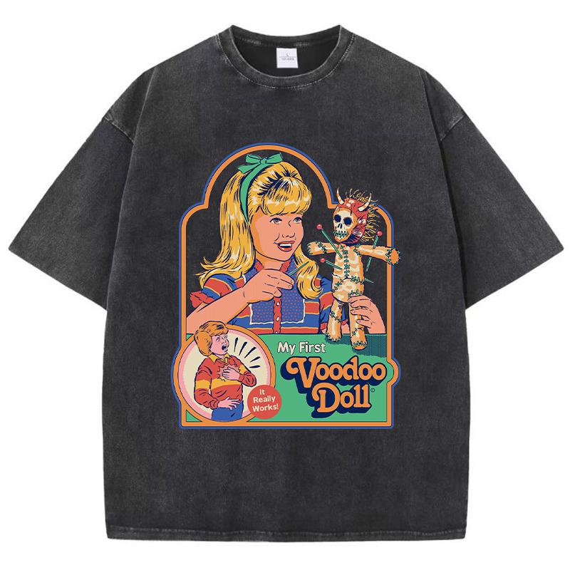 Футболка с принтом куклы вуду для женщин, летняя дышащая футболка с эффектом стирки, уличная мода, футболки, повседневная спортивная крутая футболка