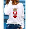 Women's Spring and Autumn Comfortable Casual Long Sleeved Playing Cards Q Queen Pattern Printed Round Neck T-shirts