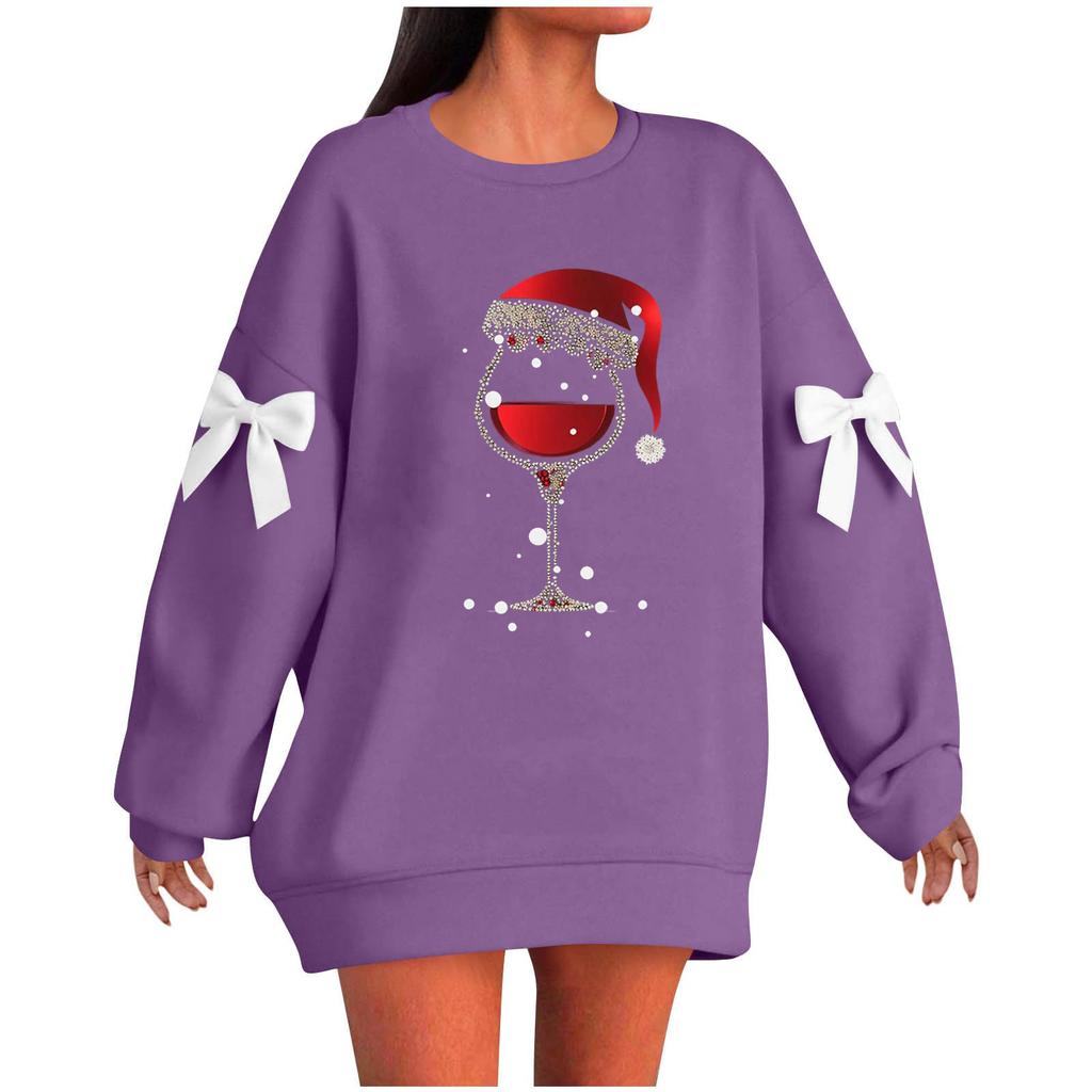 Ladies' Christmas Printed Bow Round Neck Long Sleeved Loose Pullover Sweater Sweatshirt Top