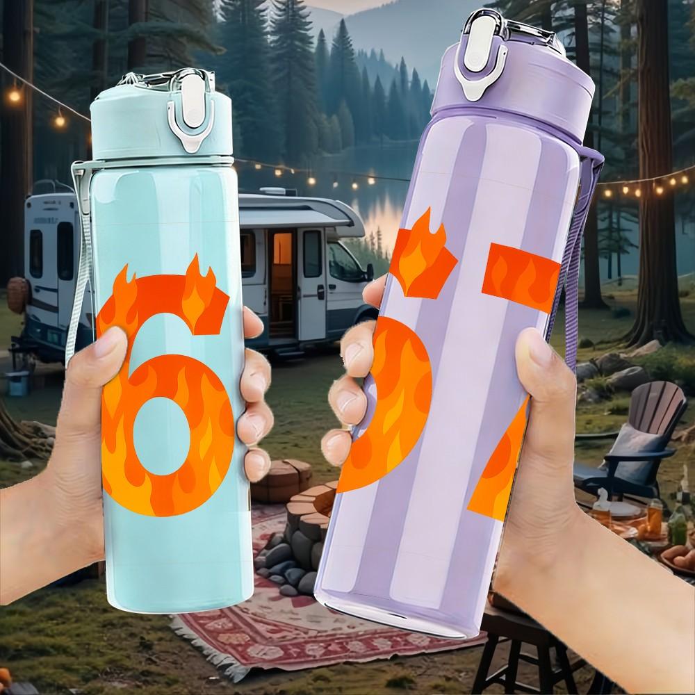 1PC Flaming Number Sixty Seven 750ml Color Plastic Sports Water Bottle Leakproof Flip Straw Lid Suitable for Sports Office Home Use