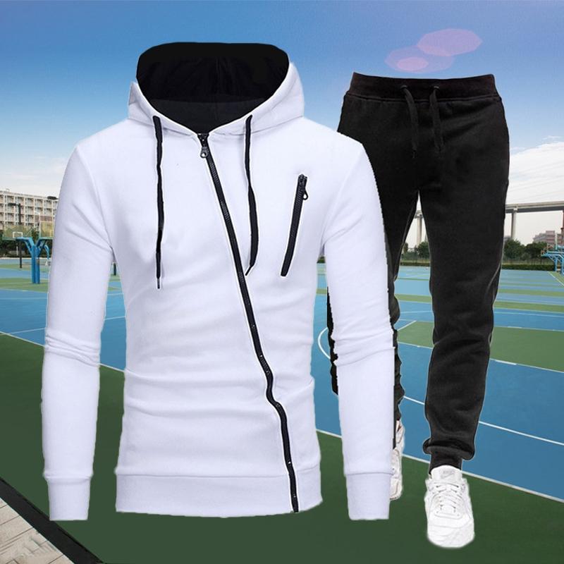 2021 Fashion Men Jacket Two Piece Sets Zipper Printed Hoodie + Pant Winter Warm Tracksuit Run Sportwear 4 Colors