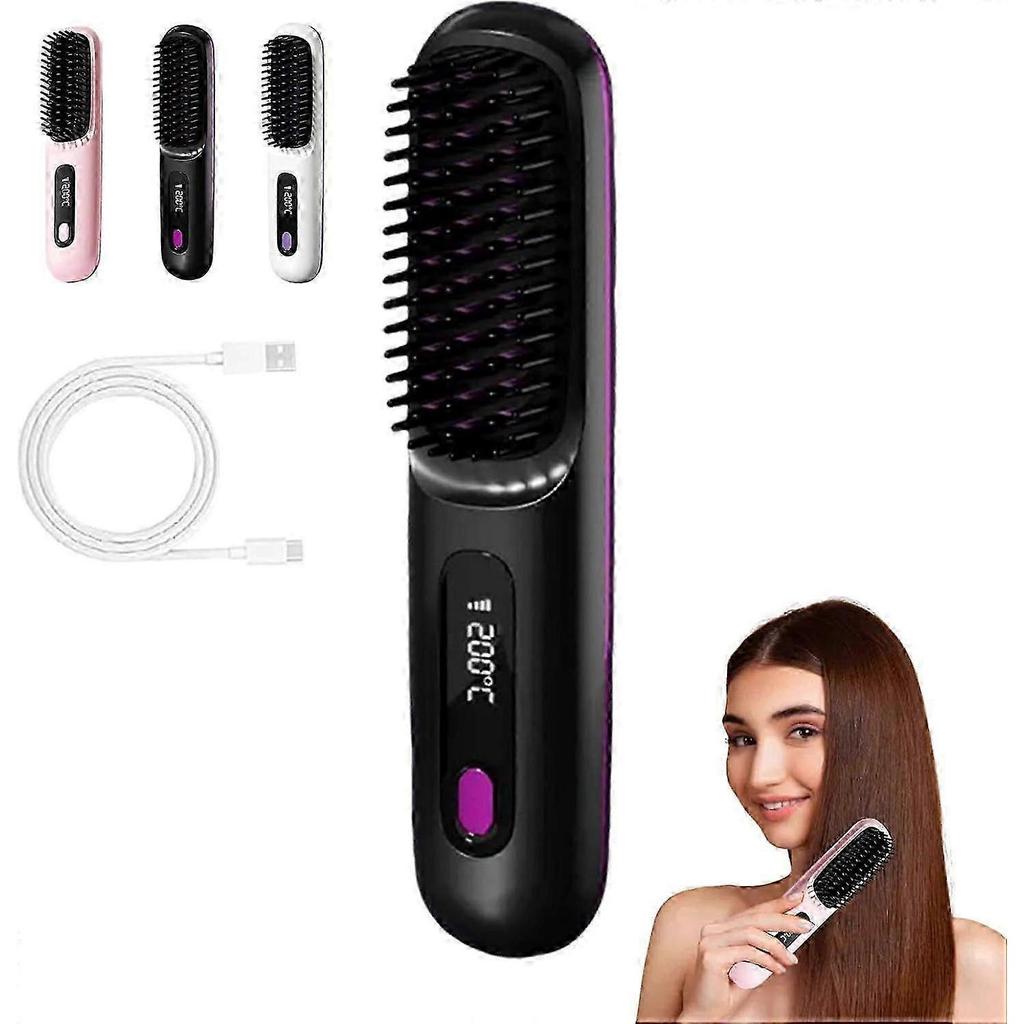 Electric Cordless Hair Straightener Brush, Portable Straightening Brush for Travel, Mini Electric Anti-Scald Hot Comb, Fast Finish with Smooth, Shiny