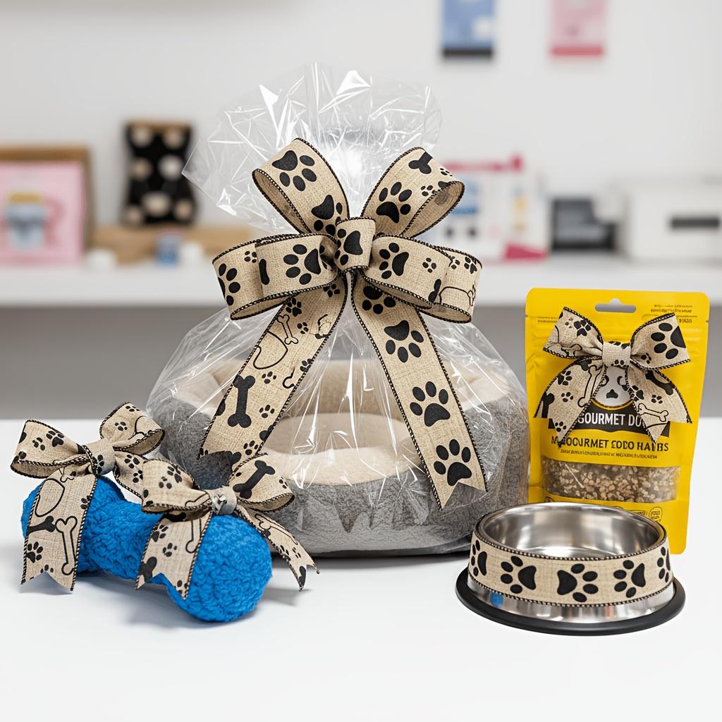 2rolls Of Velvet Ribbon With Paw Print Pattern, Suitable For Pet Dogs, Width 1.97inch, Total Length 236.22inch, Bone Pattern, Used For Crafts, Bows