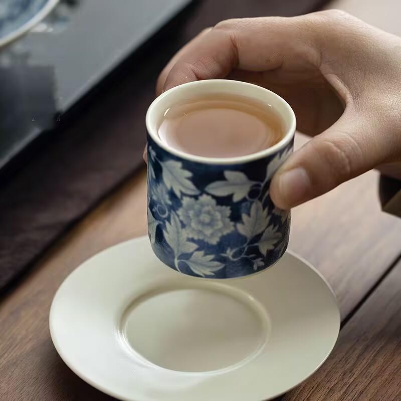 Retro Blue And White Cup And Saucer Set, Household Single Coarse Pottery Teacup, National Color Master Cup Tea Cup Matte Coaster Set