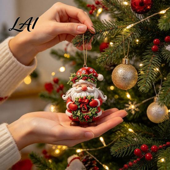 Unique Christmas Holiday Ornaments Gnome Ornament 2D Acrylic Santa Hanging Decoration with Candy Indoor Home Cane Gift Box for Xmas Tree Window Decor