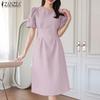 Zanzea Neck Round Casual Women Solid Color Summer Short Sleeve Dress