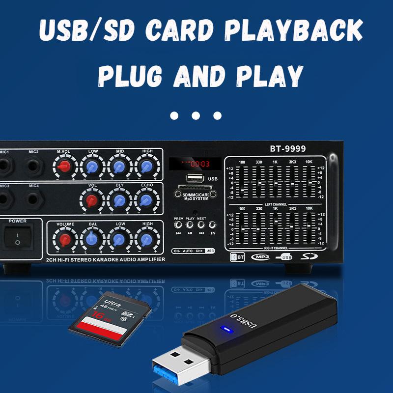 Мощный усилитель с совместимостью 12 В/220 В, Bluetooth, воспроизведением с USB/SD-карты, настройкой FM, возможностями декодирования без потерь