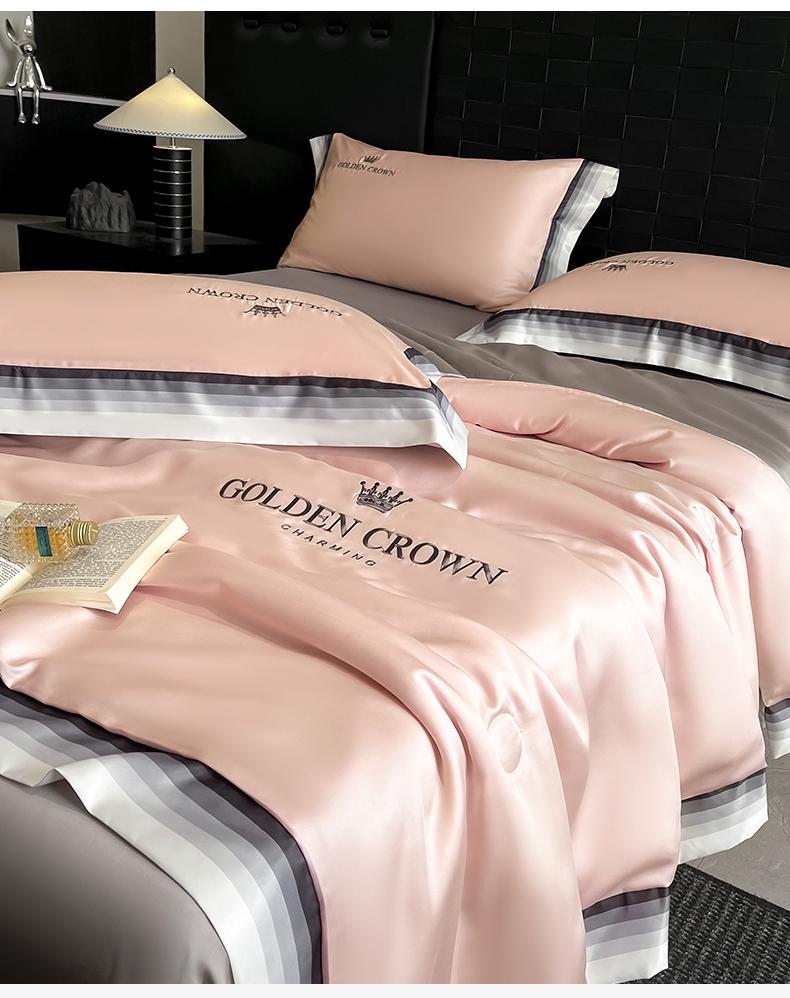 Sleeping grid washed ice silk digital wide edge embroidery summer quilt four piece set/single summer quilt - Bella series