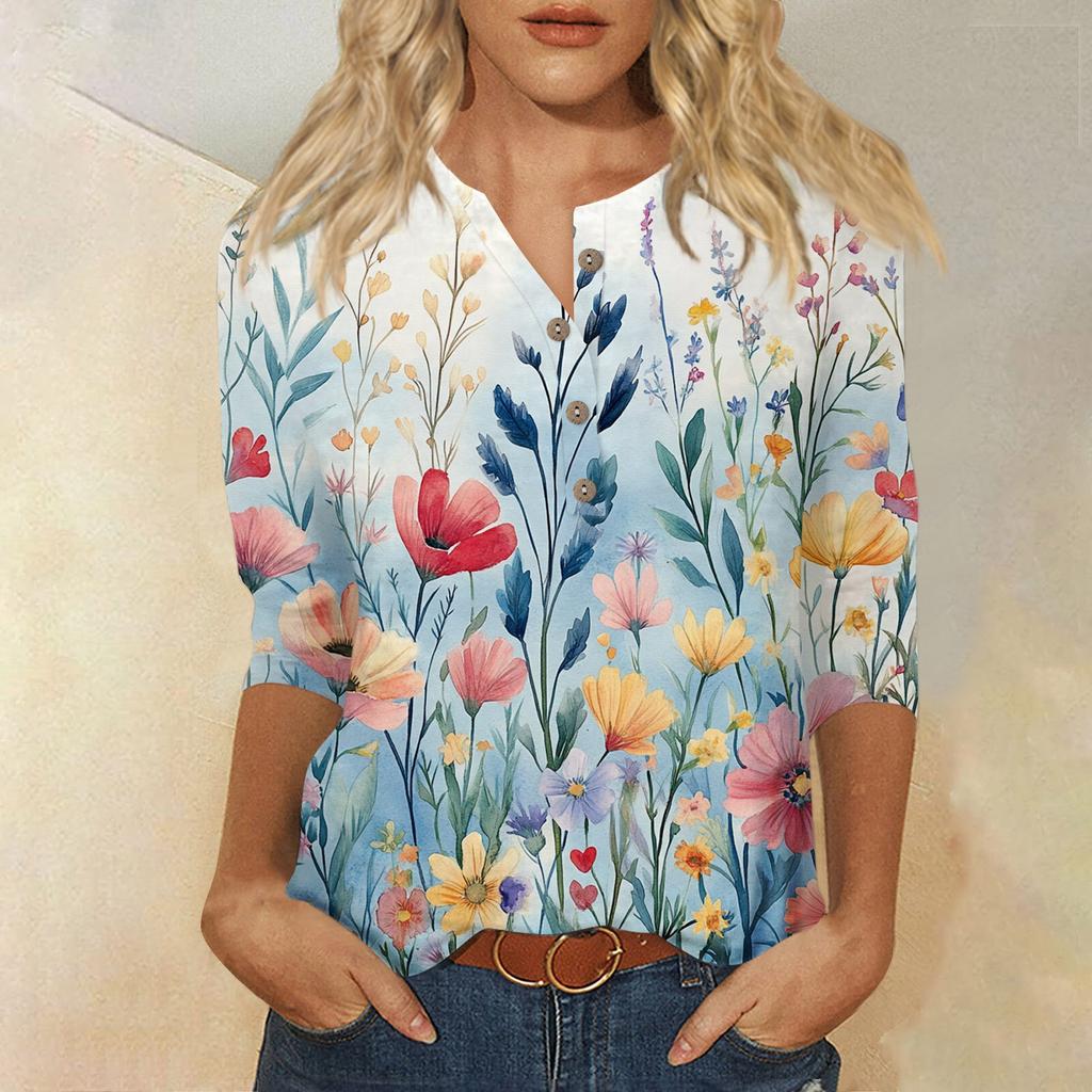 Женский свободный повседневный топ с рукавом семь четвертей и цветочным принтом с круглым вырезом на пуговицах