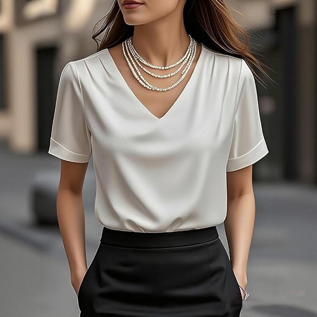 Stain Tops Short Women Sleeve Blouse V Neck Shirts Business Casual Outfits