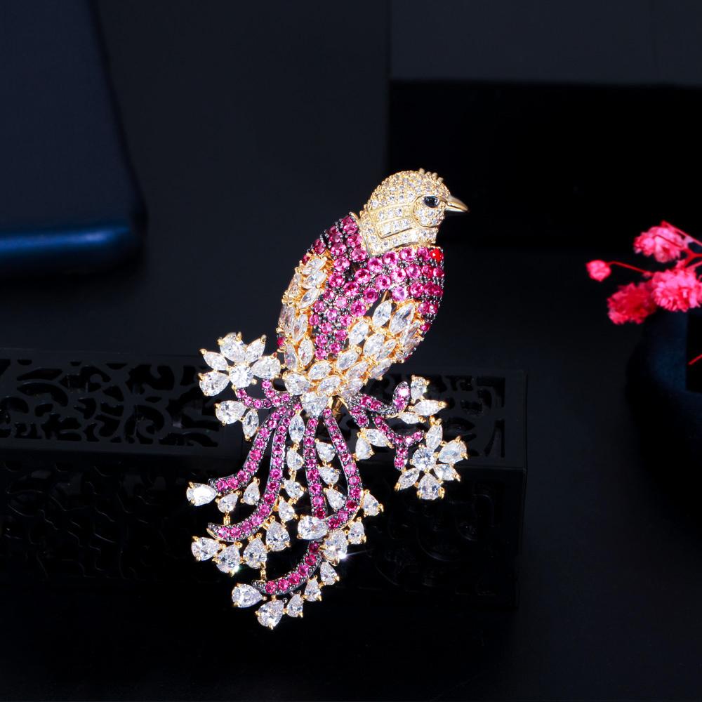 CMM Sparkly Luxury Golden Color Lucky Bird Cubic Zirconia Brooches