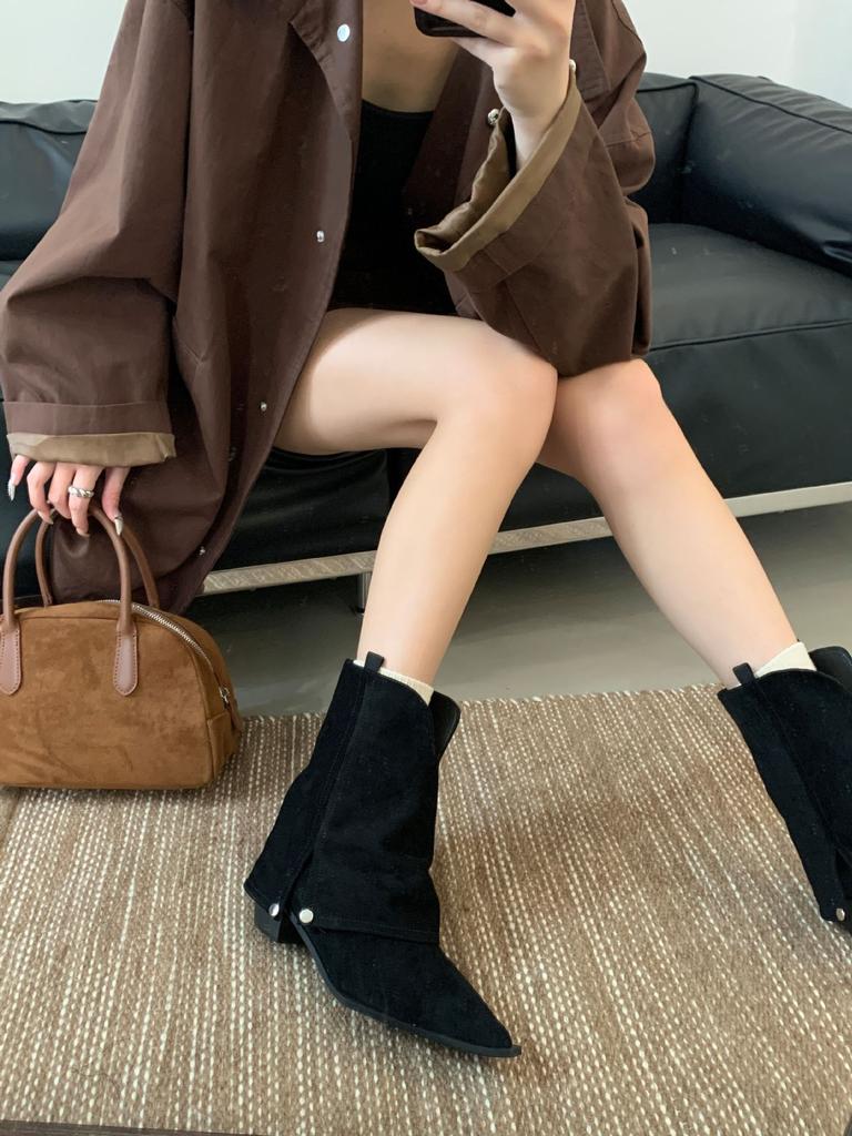 American Suede Skinny Pointed Retro Fashion Small Man Heightening Horseshoe Heel 2025 Long Johns Tube Boots Stacking Boots Women