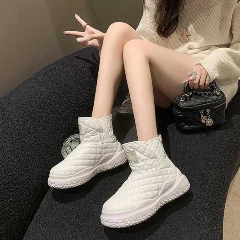 Модные белые женские зимние сапоги, элегантные на среднем каблуке, черные кожаные туфли с круглым носком для женщин, ботильоны Y2k, весна-осень, Gyaru