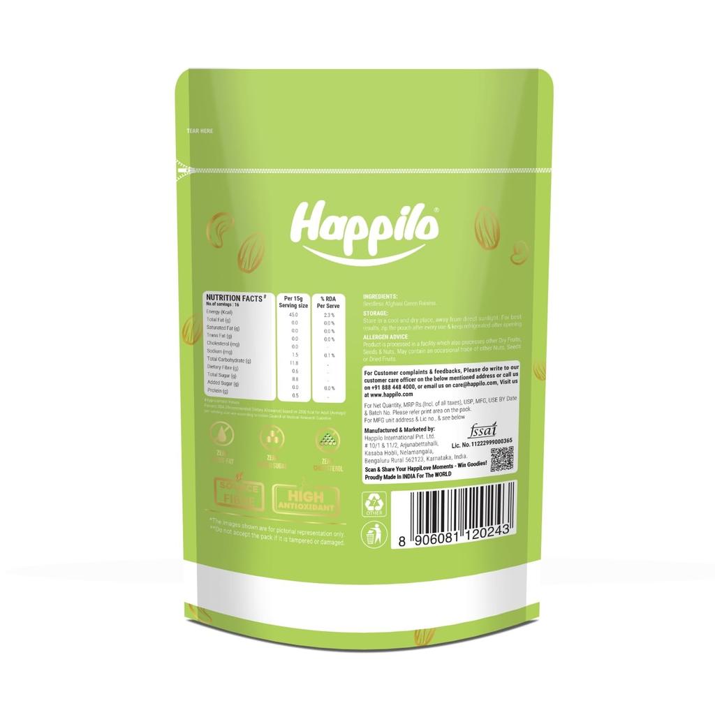 Афганский зеленый изюм (200 г), Premium International Seedless Afghani Green Raisins, Happilo