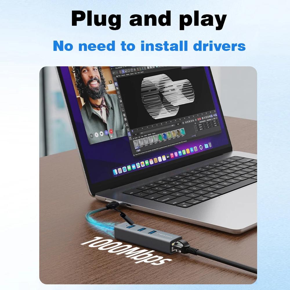 USB/USB-C 1000Mbps Ethernet Lan Adapter 3 port USB3.0 Hub Docking Station Type C USB to RJ45 Gigabit Network Card For MacBook PC 3