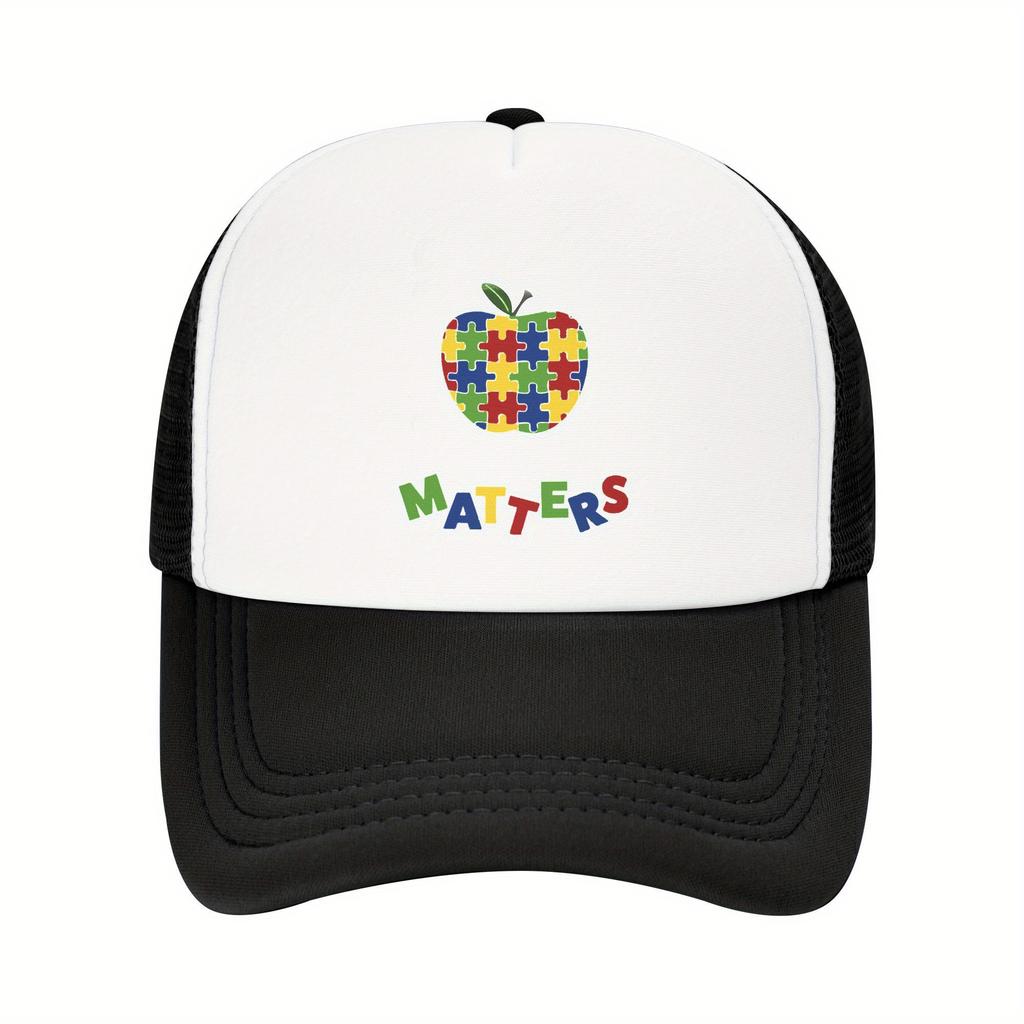 Autism Matters Puzzle Apple Trucker Hat Breathable Mesh Back Adjustable Casual Baseball Cap for Adults