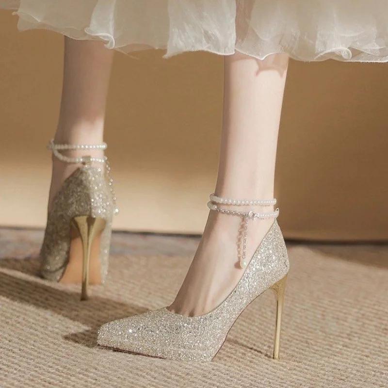 Fashion Women New Wedding Crystal Sequins Pumps Women Party Wedding Bling Glitter High Heels Shoes Ladies High Heels Pearl Chains Shoes